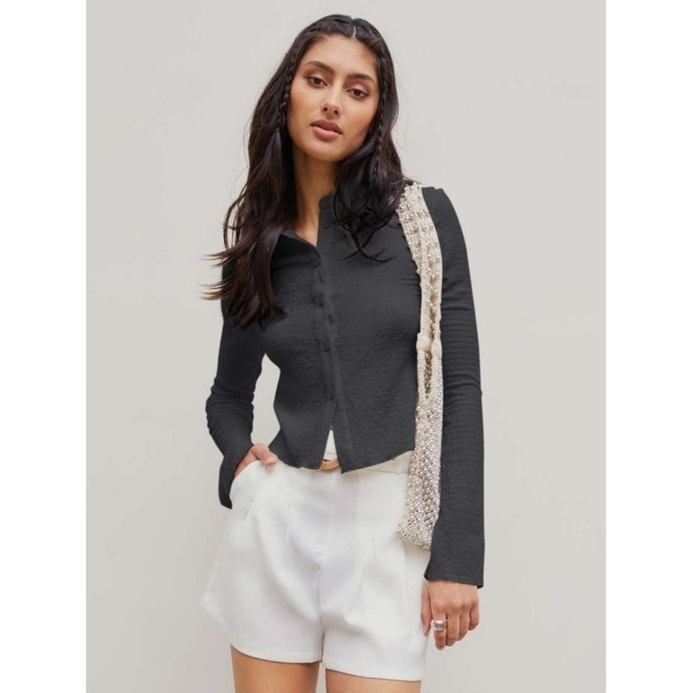Cider Texture Button Down Ribbed Bell Sleeve Blouse Black Women's Large